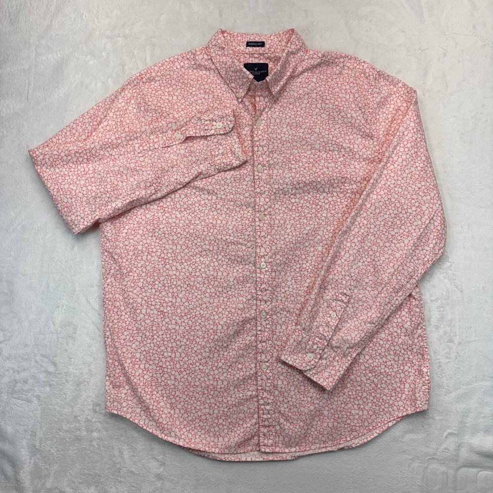 American Eagle Seriously Soft Pink Floral Button Down Shirt Mens XL Long Sleeve